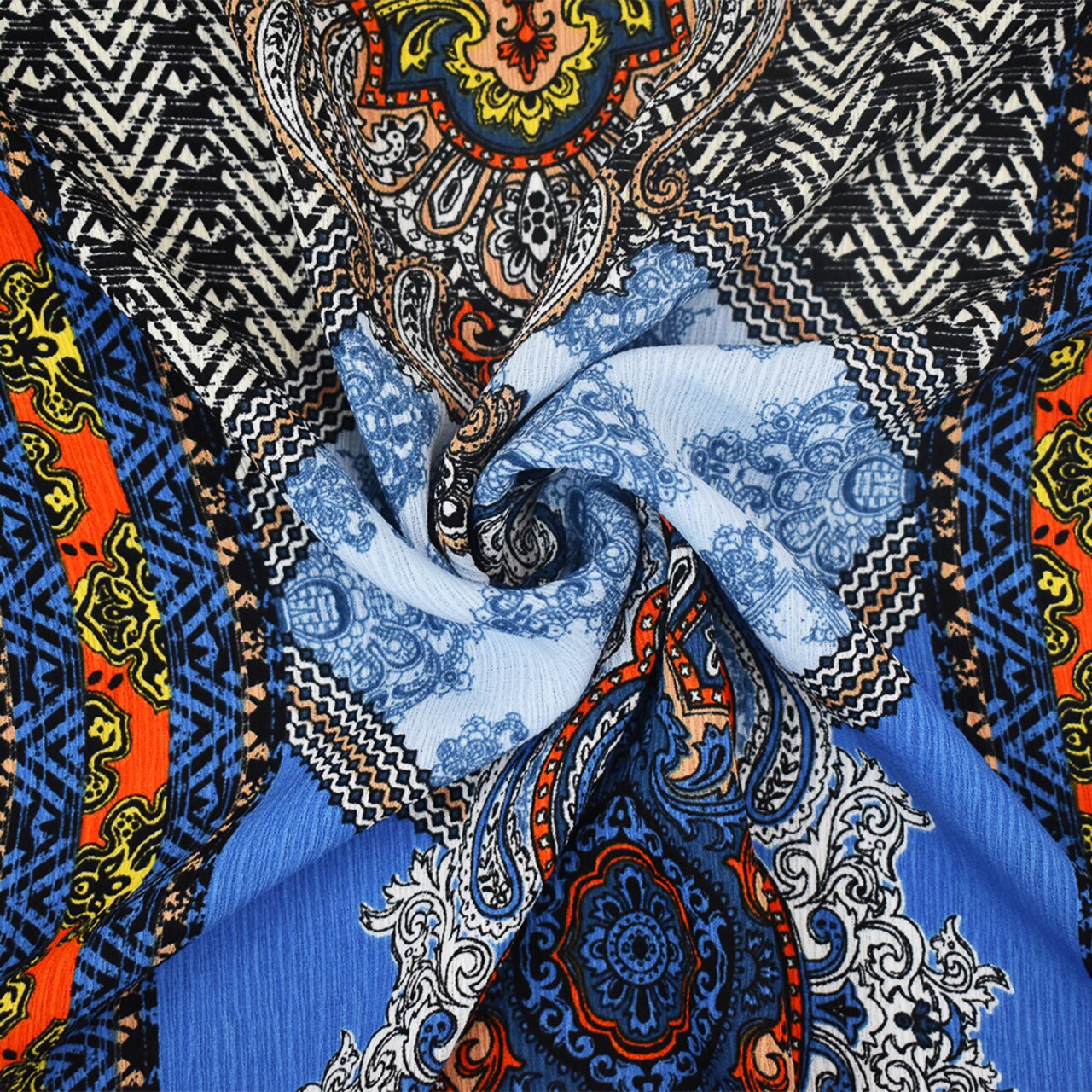 Blue-Orange-Multi Baroque Printed Poly Crepe Georgette Woven Fabric By the Yard